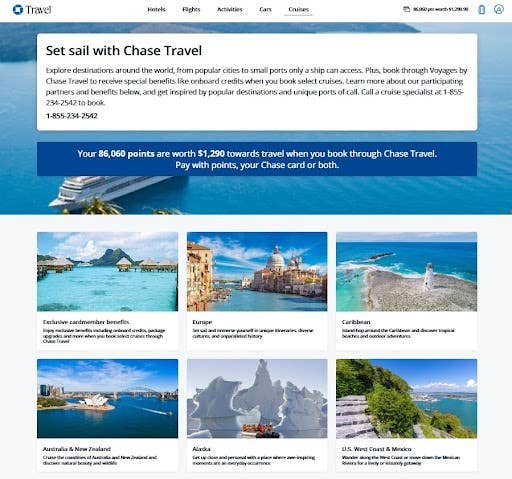 Screenshot showing cruise options form the Chase website