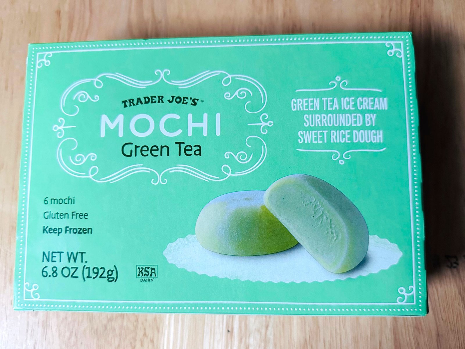 A box of Trader Joe's green tea mochi.