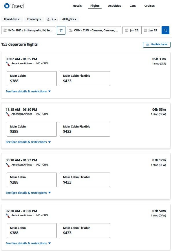 Screenshot displaying filtering and selecting flight itineraries based on preferences such as early departures, cost, and airline choice, using a combination of points and cash.