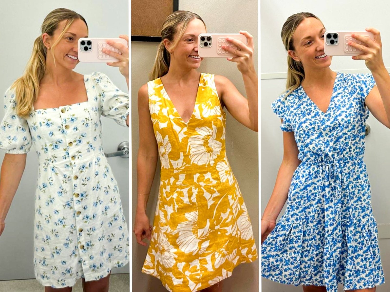 Chloe wearing dresses from Old Navy, Banana Republic, and Gap.
