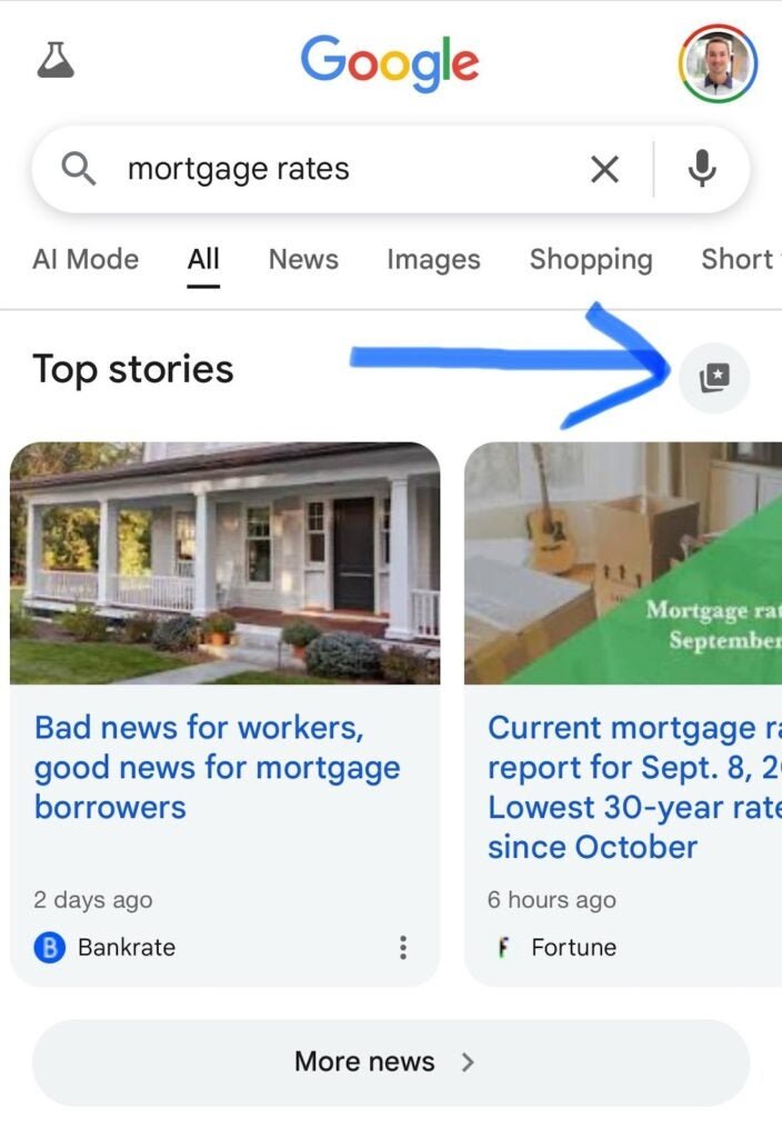Google results for mortgage rates with arrow to icon for adding publisher to preferred list.