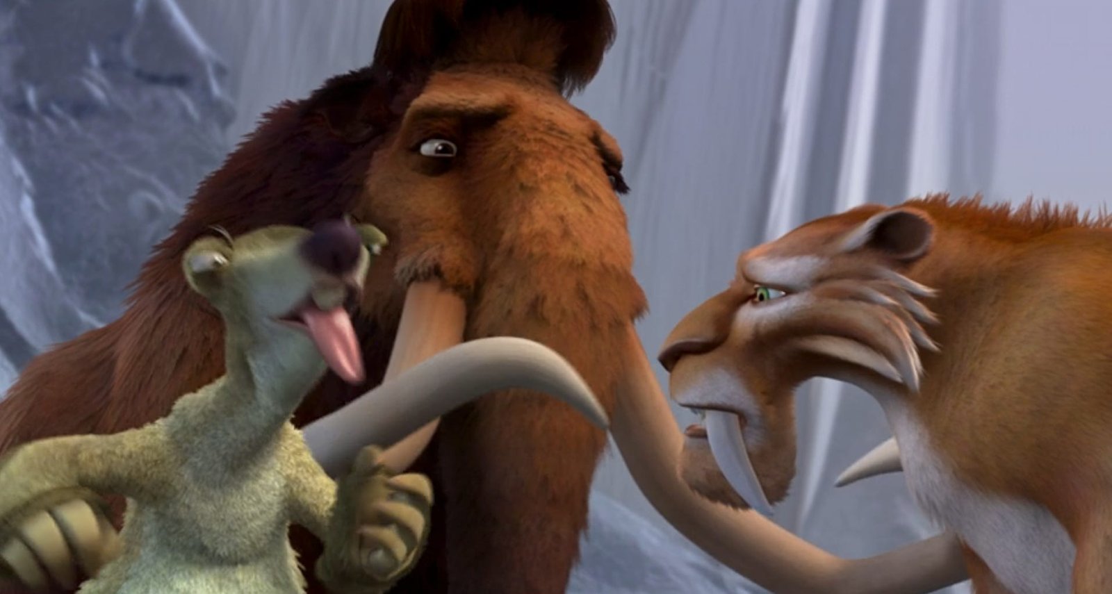 an animated sloth, woolly mammoth, and saber toothed tiger, in Ice Age. the sloth is sticking its tongue out as if it's tasted something bad, while the mammoth and the tiger look at each other with concerned expressions.