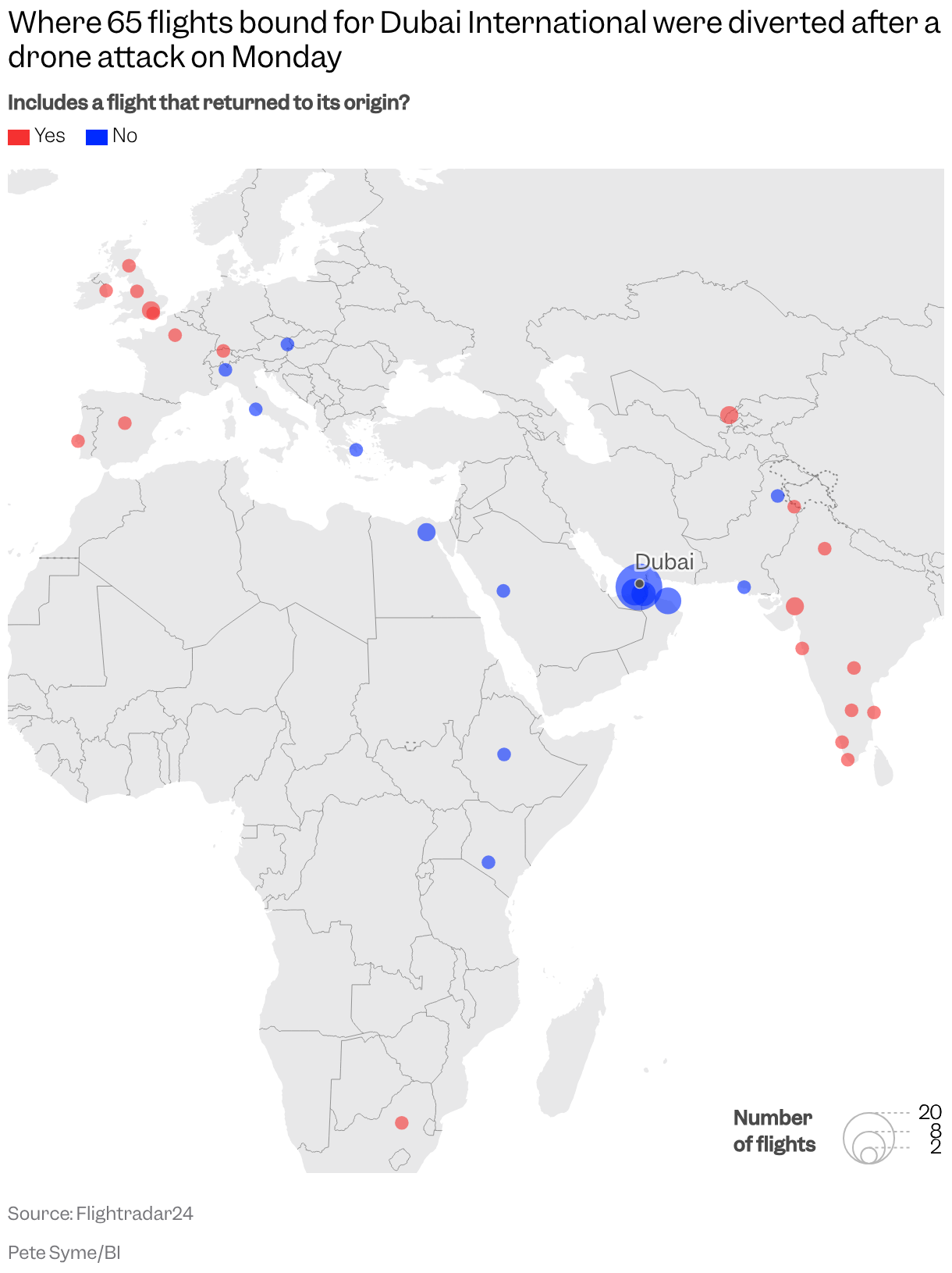 A map of Africa, Asia, and Europe, with Dubai marked, shows symbols for where 65 flights bound for DXB diverted on March 16 after a fuel tank exploded at Dubai International Airport