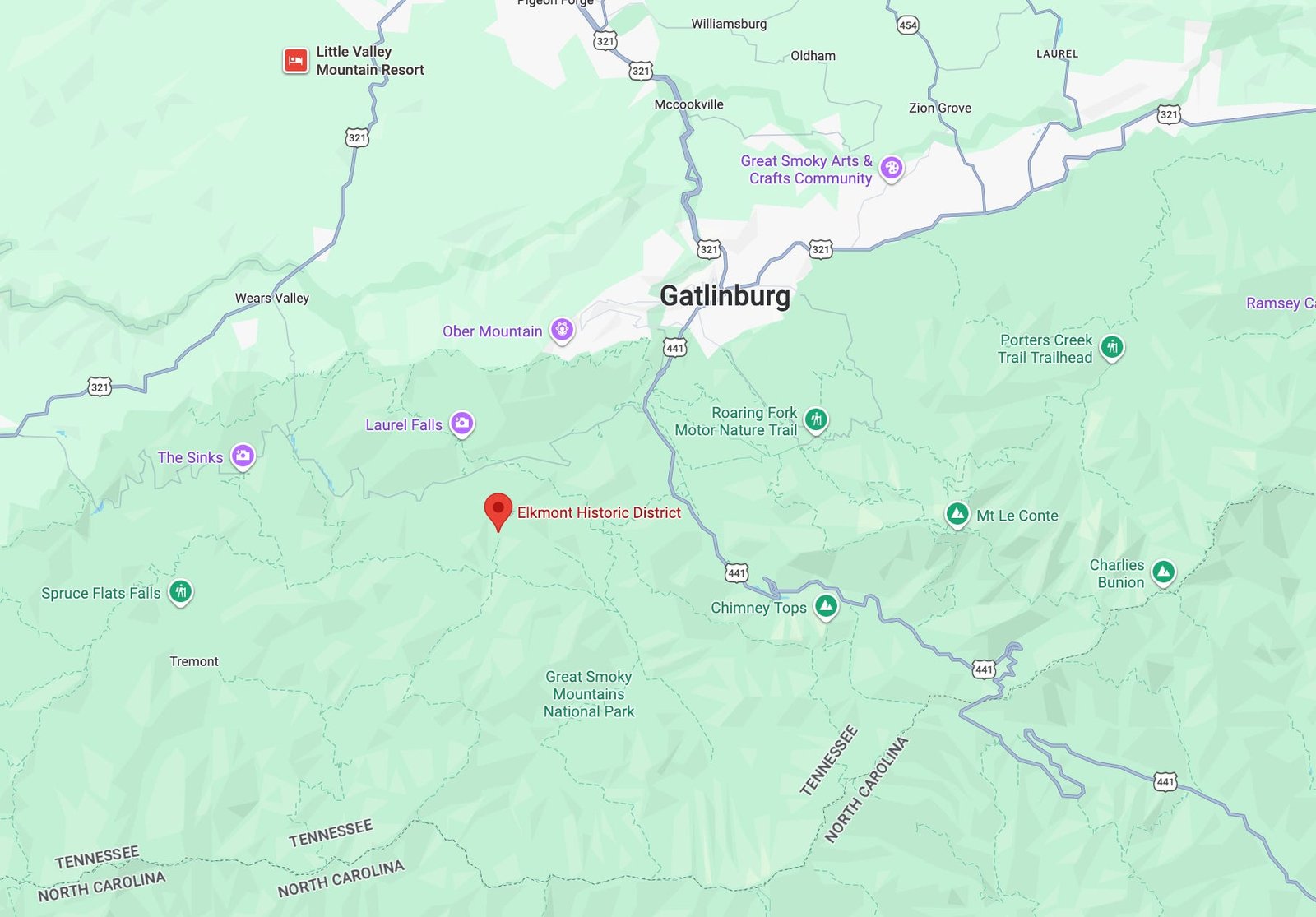 A map of Tennessee has a red arrow pointing to Elkmont Historic District.