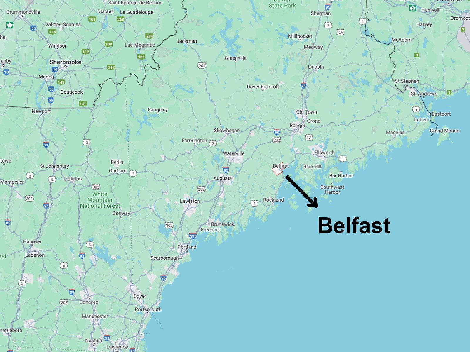 A map of the coast of Maine with an arrow pointing to Belfast