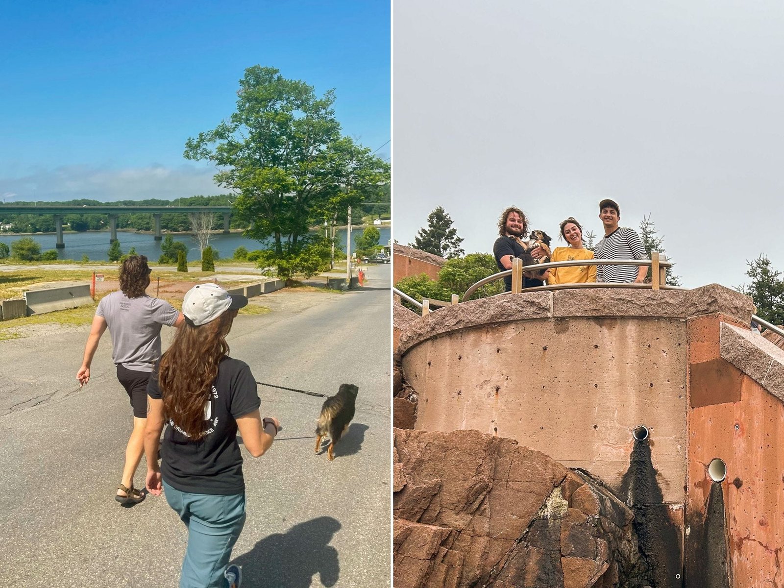 Left image: A man and a woman walk with a dog on a street with a bridge over a bay in the background. Right: Three friends and a dog stand on a rocky staircase with overcast skies
