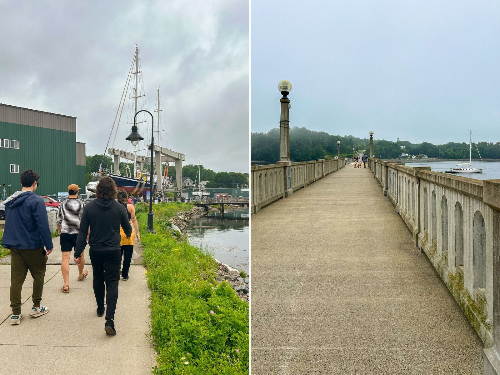 Left: four people walk on a sidewalk next to a harbor towards ships. Right: A concrete bridge over the bay with a hills side packed with tres at the end of it