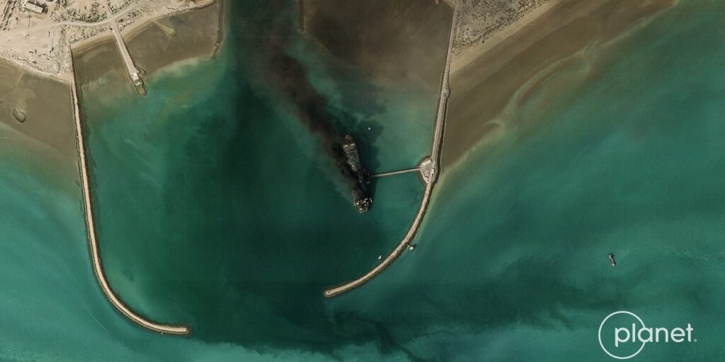 Satellite image shows Iran’s largest naval vessel, a tanker-turned-warship, smoking in port