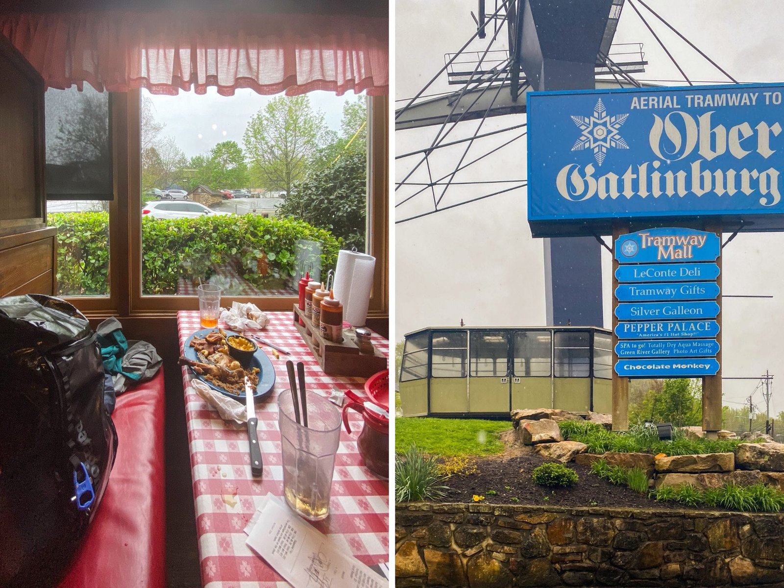 A composite image of the author's booth at a restaurant in Gatlinburg, Tennessee and a blue sign for the tramway