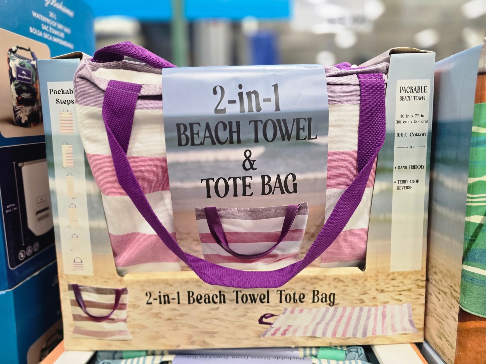 A 2-in-1 striped beach towel and tote bag on display at Costco.