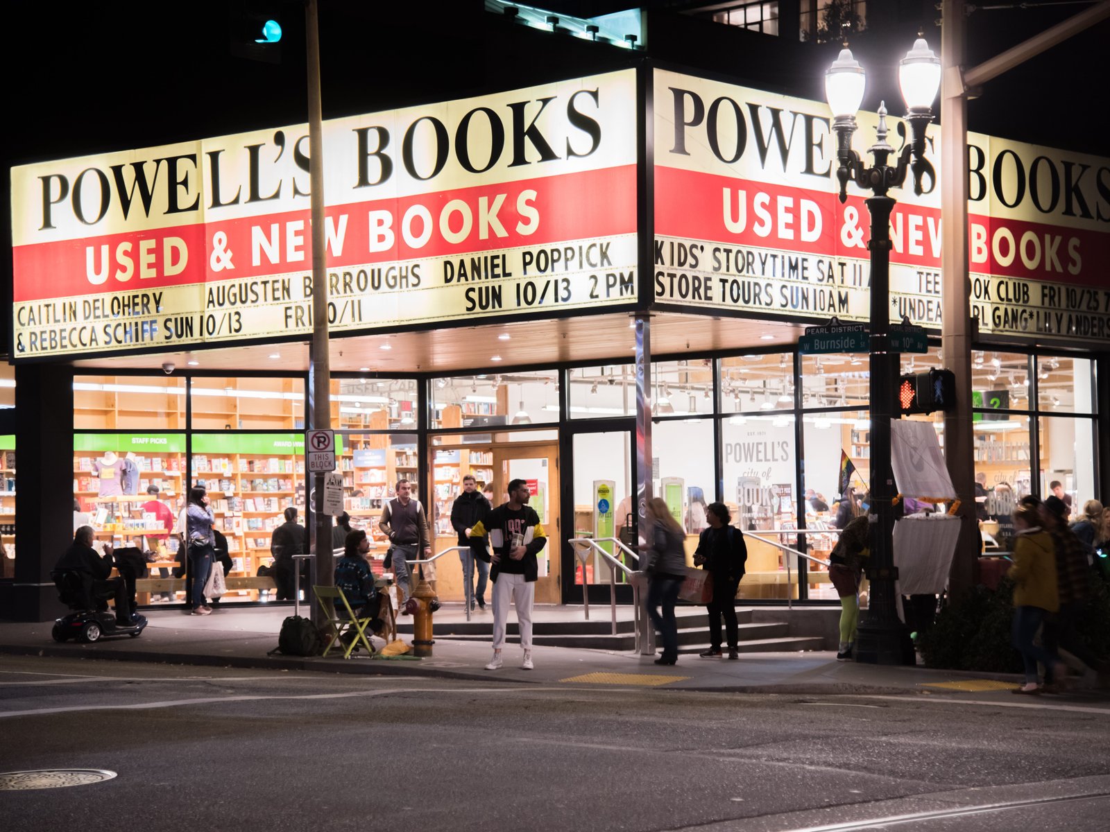 Illuminated sign for Powell's Books in Portland, Oregon.