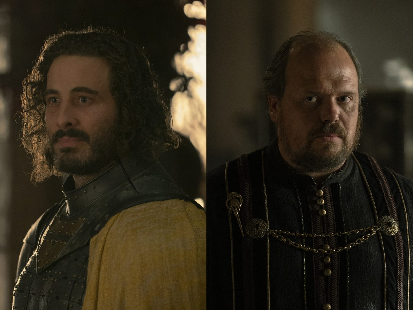 left: ser harwin strong, a young man with chin length curly brown hair and facial hair. he's looking kindly to the side, and wearing armor; right: lyonel strong, a middle aged man with a receding hairline, facial hair, and black robes, looking stern
