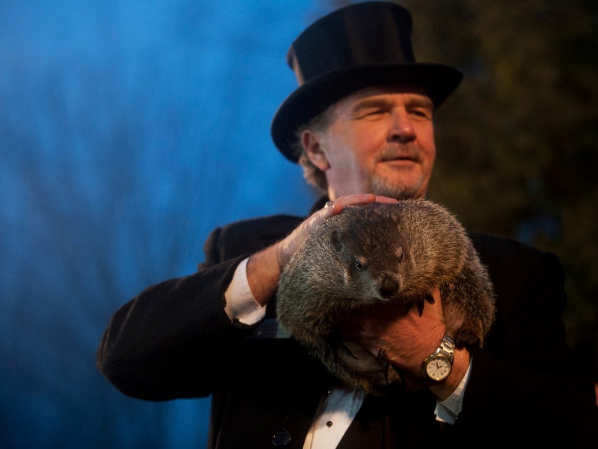 Groundhog handler John Griffiths holding Punxsutawney Phil for Groundhog Day.