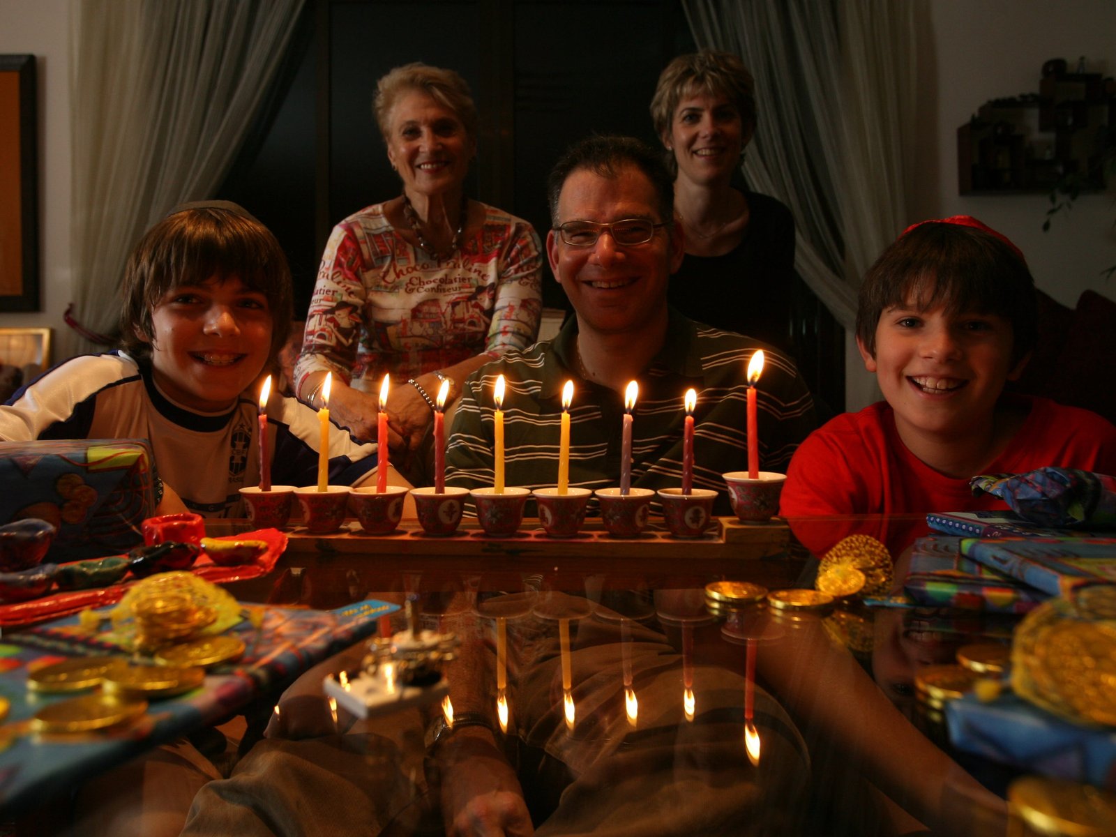 A Jewish family celebrating Hanukkah.