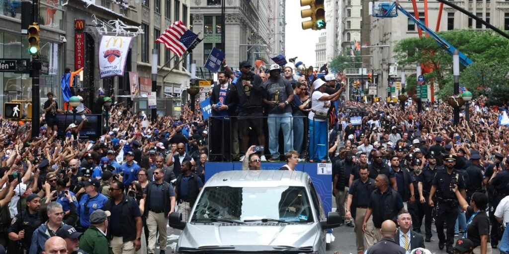 The Financial District turned orange and blue to celebrate the Knicks’ first NBA championship in 53 years