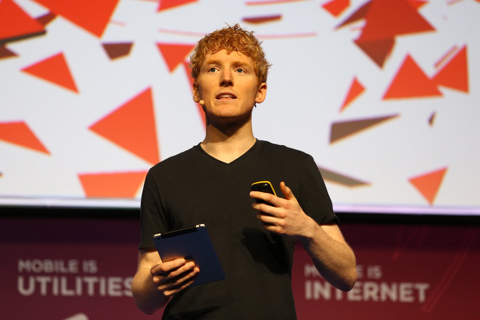Stripe Co-founder and CEO Patrick Collison delivers his keynote conference during day three of the Mobile World Congress at the Fira Gran Via complex in Barcelona, Spain on February 24, 2016. The annual Mobile World Congress hosts some of the world's largest communication companies, the show runs from the 22 to 25 February.
