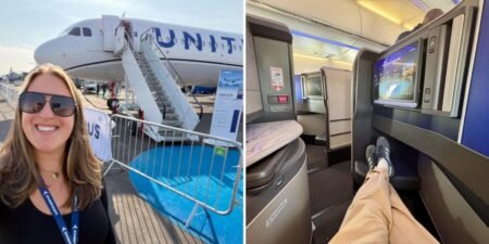 We toured United’s fanciest Airbus jet yet, complete with business-class doors and a snack bar. See inside.