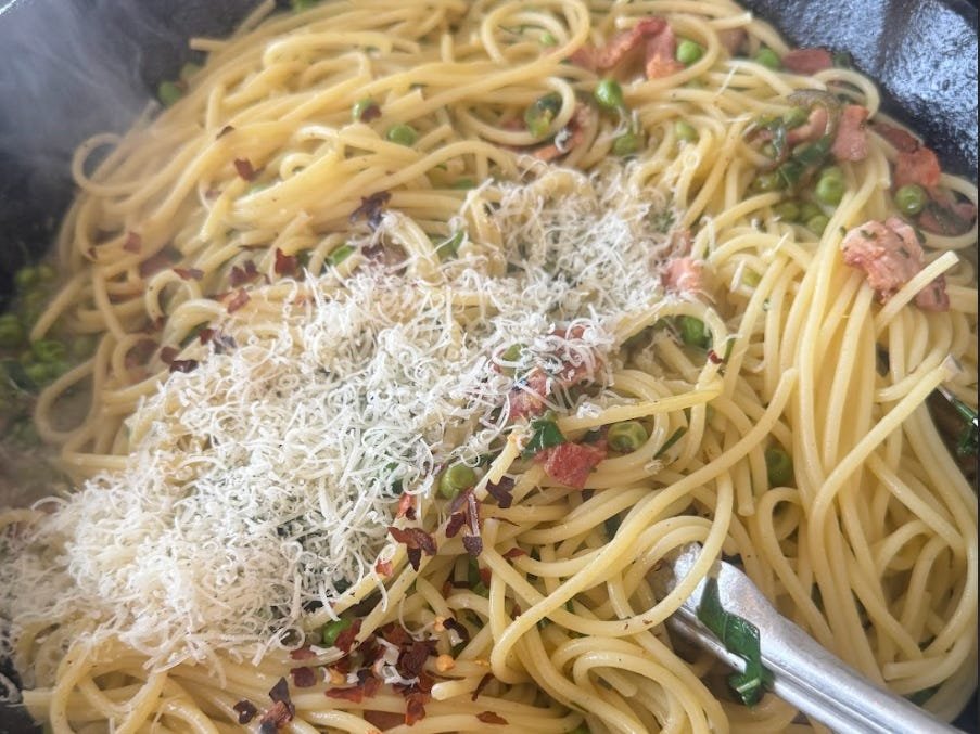 Gordon Ramsay's 10-minute pasta with shaved cheese, ready for serving.