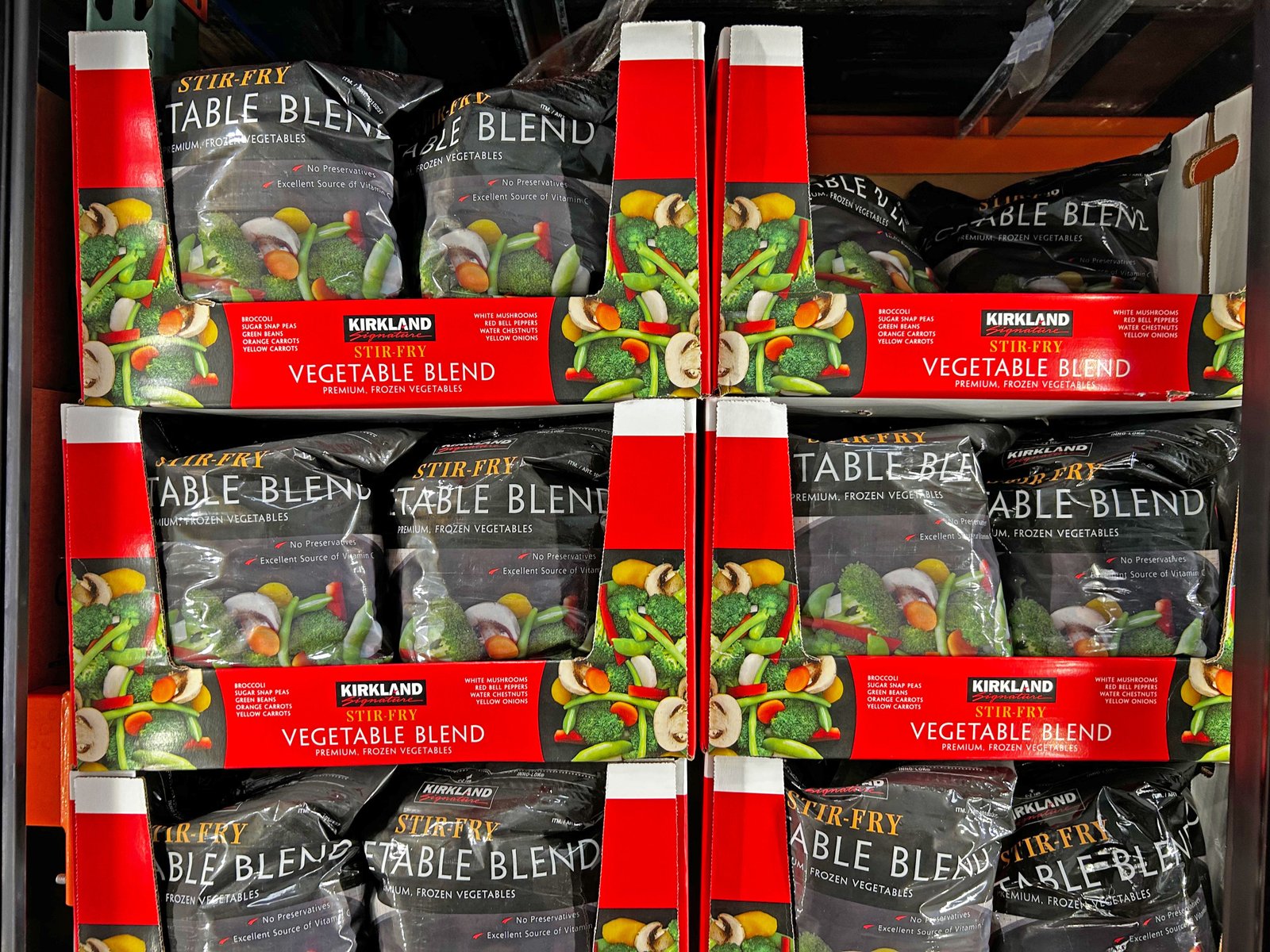 Bags of Kirkland Signature stir-fry vegetable blend.