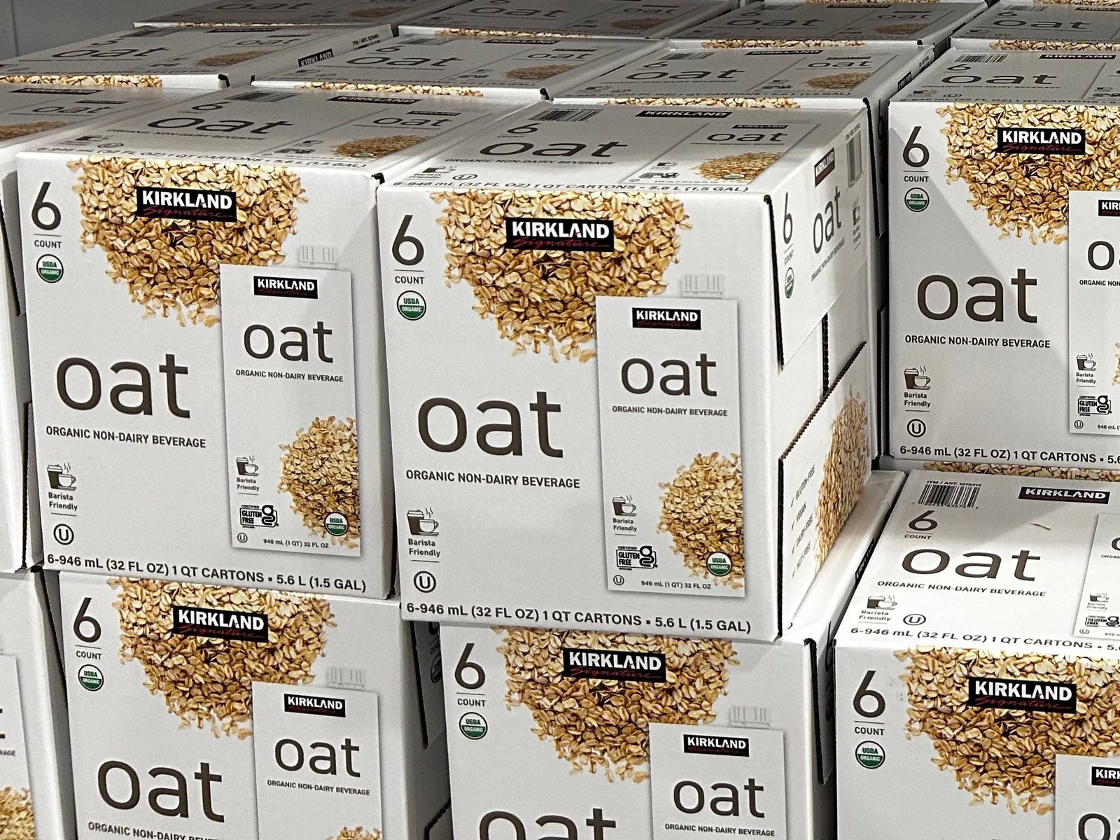 Boxes of Kirkland Signature oat milk.