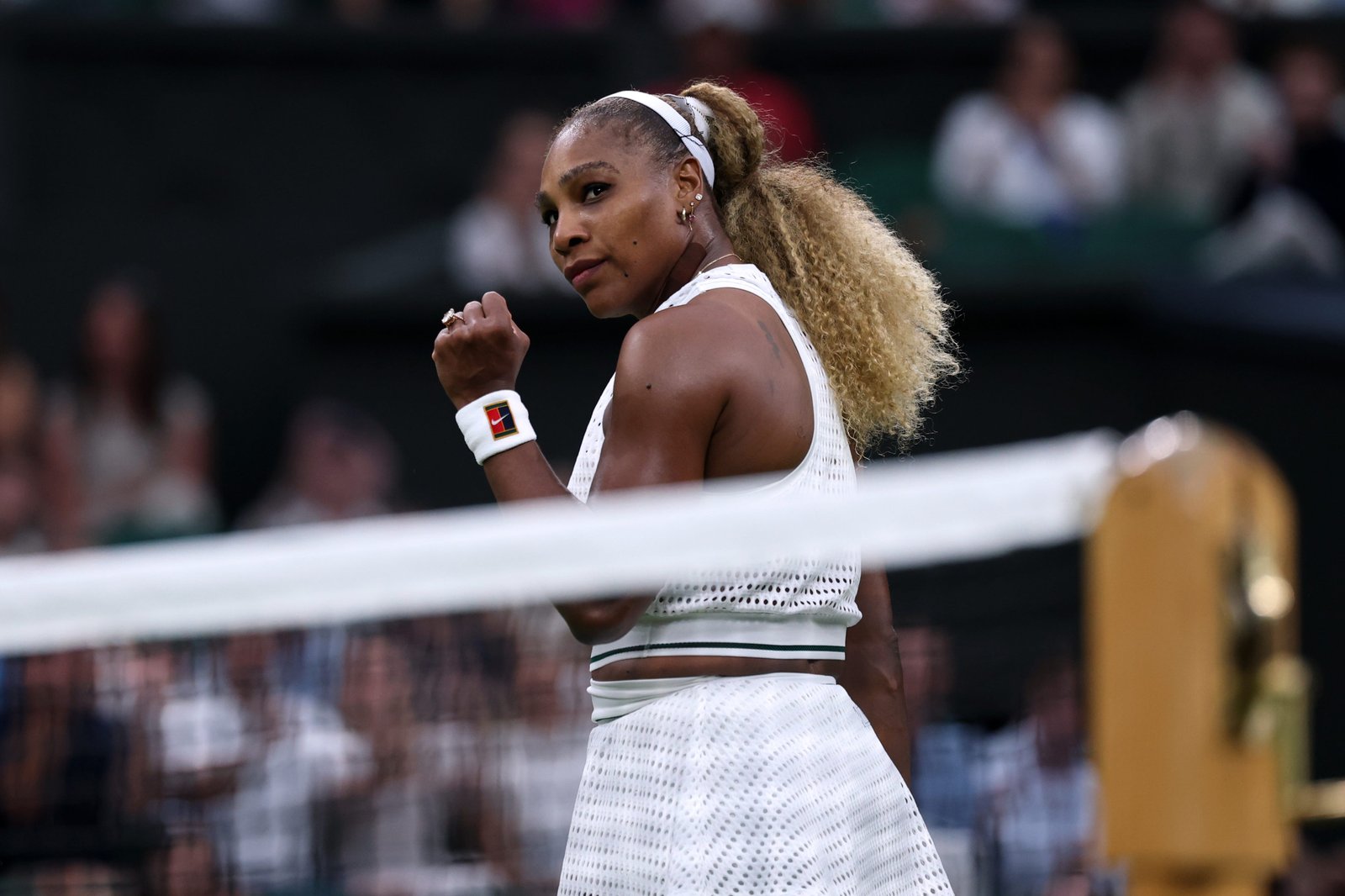Serena Williams holding up her fist on a tennis court