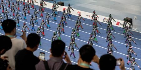 At China’s robot Olympics, the finish line comes with a padded wall and a stretcher At China’s robot Olympics, the finish line comes with a padded wall and a stretcher