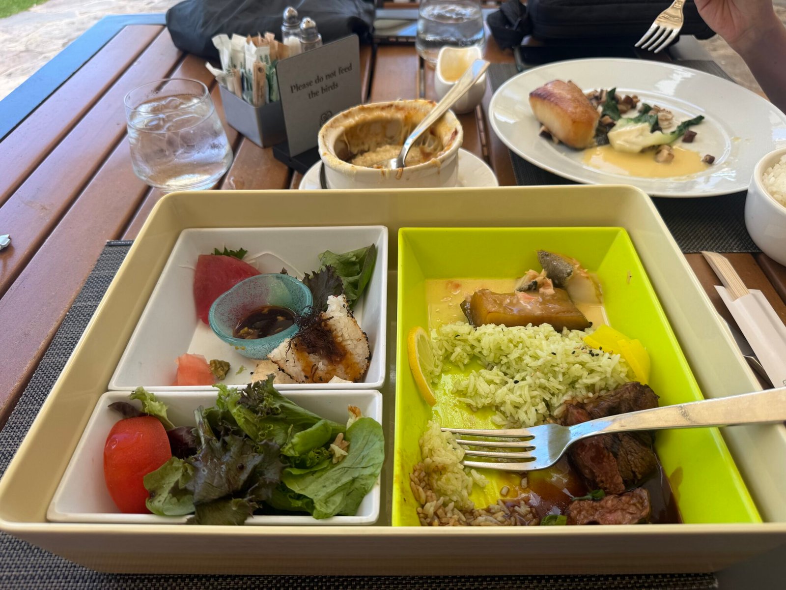 Plumeria House brunch - Kahala bento box, French onion soup, butterfish with my wife