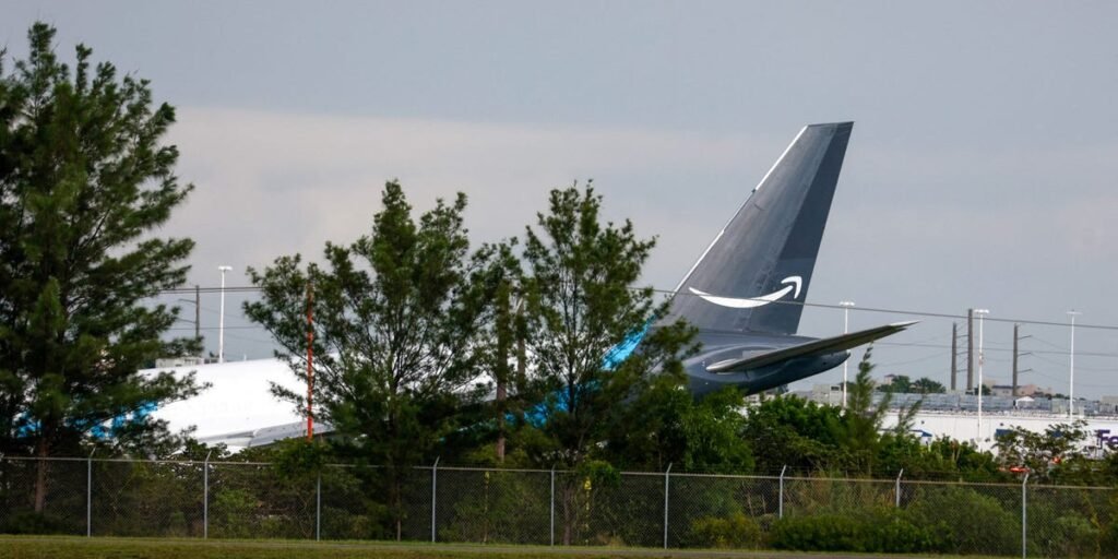 An Amazon Prime Air cargo plane crashed after it overshot a runway at Miami International Airport An Amazon Prime Air cargo plane crashed after it overshot a runway at Miami International Airport