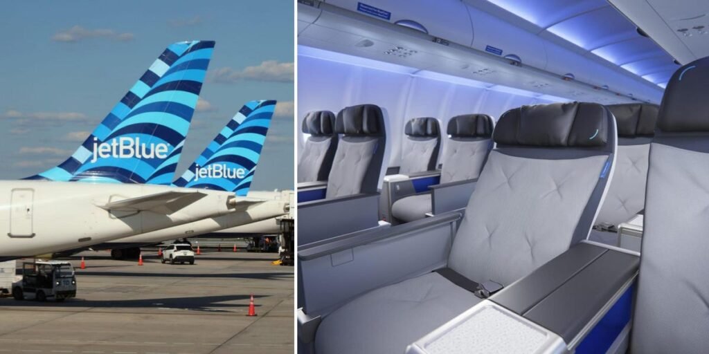 JetBlue unveiled its new domestic first-class seat with more space, Bluetooth, and customizable cocktails. Take a look.